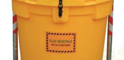 foto della cisterna di colore giallo per la raccolta dell'olio alimentare